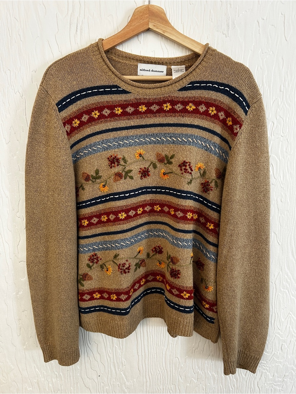 VINTAGE 90s Fall Autumn Roll Neck Sweater Large Embroidered Cotton